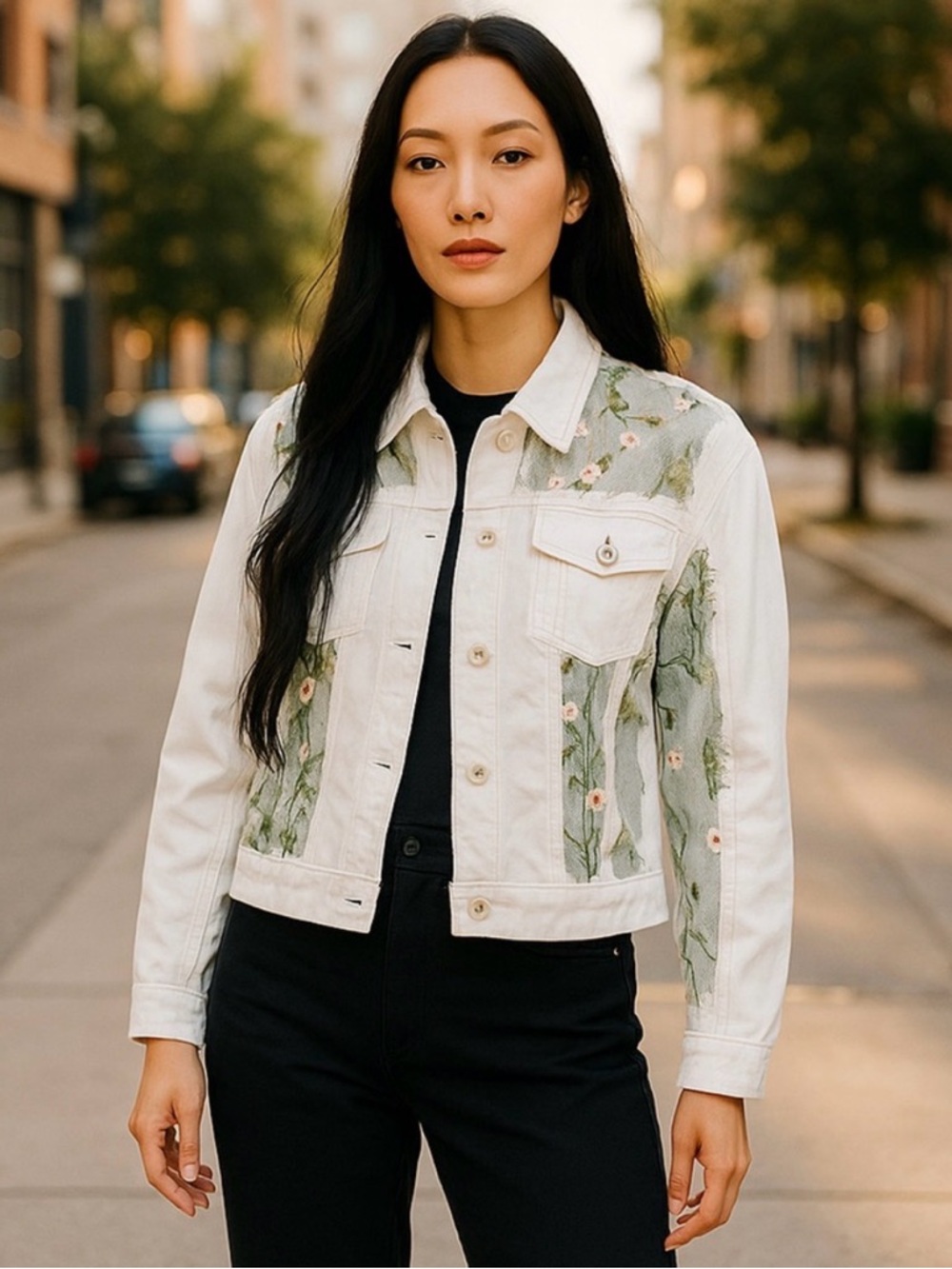 Ashley Stewart Jacket Womens 26/28 White Embroidered Floral Sheer Mesh Denim NWT